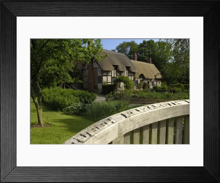 Framed Print : UNITED KINGDOM. ENGLAND. Stratford-Upon-Avon. Anne Hathaway's farmhouse (wife of Shakespeare)called Hewland Farm in Shottery. Bench in the garden Framed Print : UNITED KINGDOM. ENGLAND. Stratford-Upon-Avon. Anne Hathaway's farmhouse (wife of Shakespeare)called Hewland Farm in Shottery. Bench in the garden