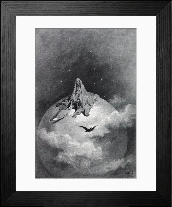 Framed Print : Gustave Dore illustration of Edgar Allan Poe's 'The Raven;' presents a vision of death. 1883