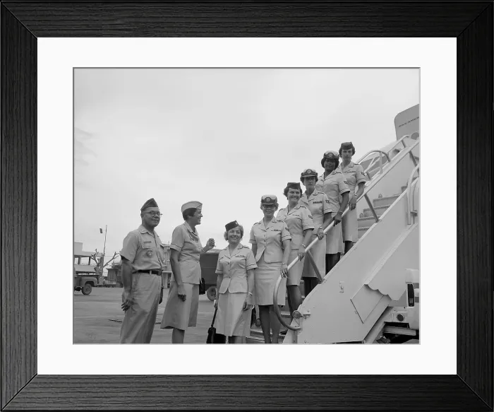 Framed Print : Vietnam War. The first five enlisted women in the Air Force (WAF) and the fourth WAF officer to be assigned to Vietnam arrive at Tan Son Nhut Air Base, South Vietnam. June 1967
