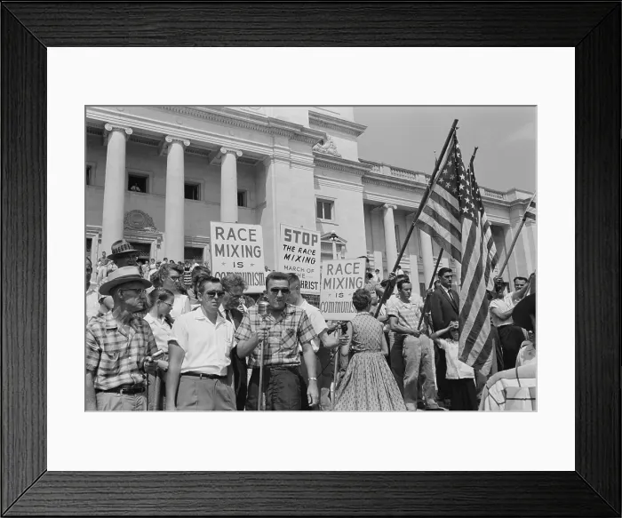 Framed Print : Segregationist rally in Little Rock. Whites holding signs protesting against Communist race-mixing on the steps of the State capitol. Little Rock, Alabama, Aug. 20, 1959