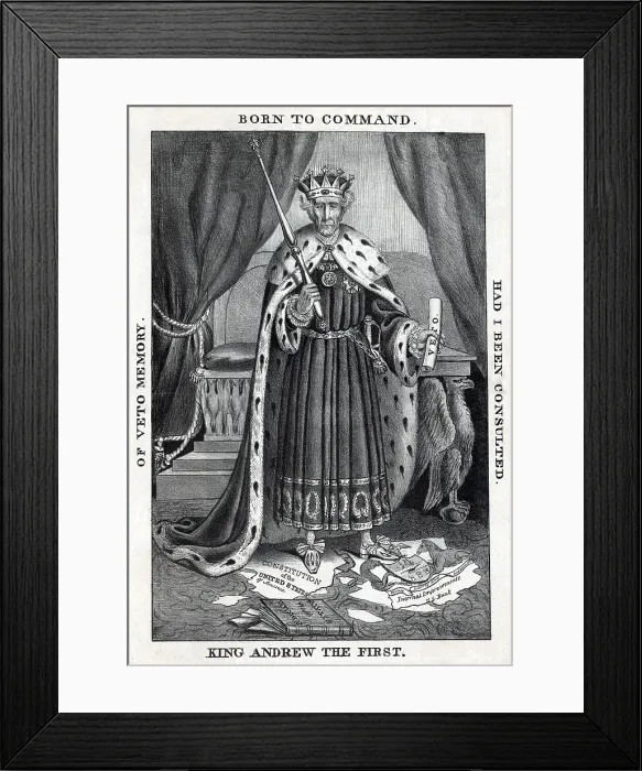 Framed Print : King Andrew the First. Cartoon depicts President Andrew Jackson as a despotic monarch, standing on the Constitution Framed Print : King Andrew the First. Cartoon depicts President Andrew Jackson as a despotic monarch, standing on the Constitution