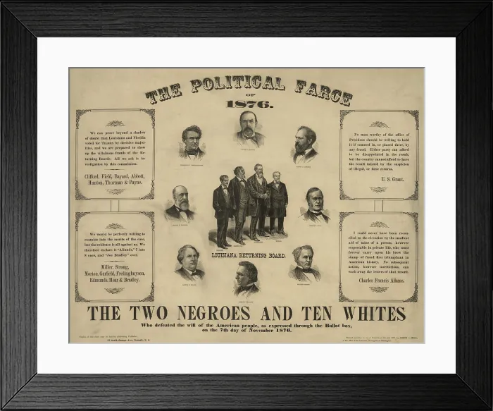 Framed Print : THE POLITICAL FARCE OF 1876 showing portraits of twelve men who served on the election boards of Florida and Louisiana, who defeated the will of the American people