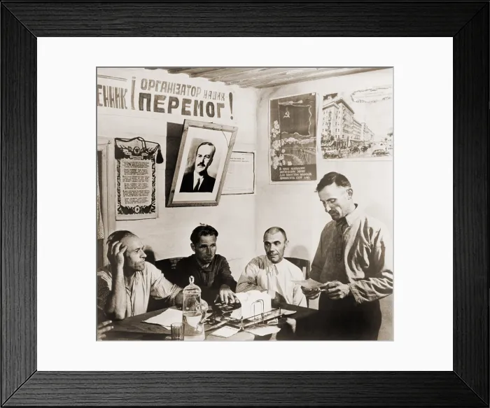 Framed Print : At a Soviet era collection farm in Russia, members of the governing committee meet to discuss production and farm management. 1952