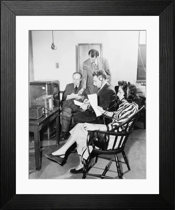 Framed Print : Inspectors of the U.S. Food and Drug Administration, watch television and listen to radio programs for misleading advertising. 1949
