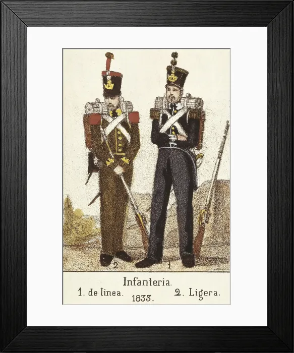 Framed Print : Spain (1833). Line infantry (1) and light infantry (2), . Litography. SPAIN. Madrid. National Library. AISA / Everett Collection**US SALES ONLY** Framed Print : Spain (1833). Line infantry (1) and light infantry (2), . Litography. SPAIN. Madrid. National Library. AISA / Everett Collection**US SALES ONLY**