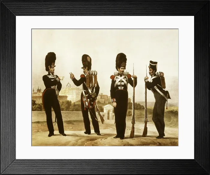 Framed Print : Spain (19th c.). Grenadiers of the Royal Guard. Picture of 'Coleccin de uniformes del Ejercito Espaol', by Marquis of Zambrano. Litography. SPAIN. Madrid