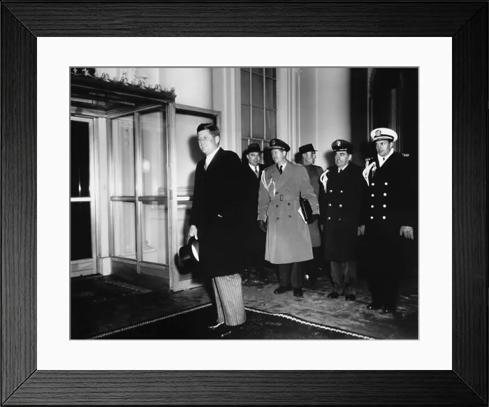 Framed Print : President Kennedy, accompanied by uniformed senior military officers, returns to the White House after attending Inaugural Balls. January 21, 1961