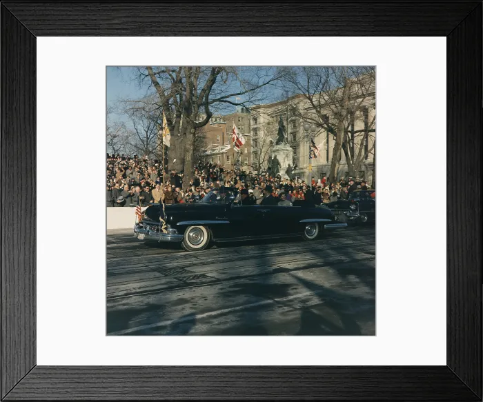 Framed Print : President John F. Kennedy and First Lady Jacqueline waving to Inaugural parade spectators from their open limousine on Pennsylvania Avenue, Washington, D.C. January 20, 1961
