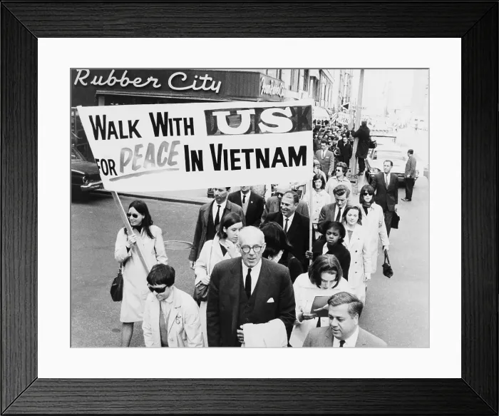 Framed Print : Dr. Benjamin Spock leading a march to the United Nations to demand a cease-fire in Vietnam. Ca. 1967 Framed Print : Dr. Benjamin Spock leading a march to the United Nations to demand a cease-fire in Vietnam. Ca. 1967