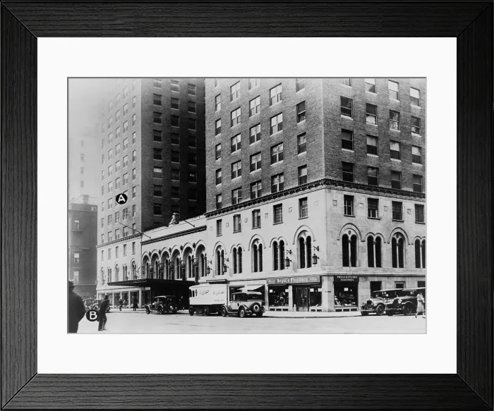Framed Print : Manhattan's Park Central Hotel with A marking where Arnold Rothstein was shot on Nov. 8 1928 and B marking wher e revolver found Framed Print : Manhattan's Park Central Hotel with A marking where Arnold Rothstein was shot on Nov. 8 1928 and B marking wher e revolver found