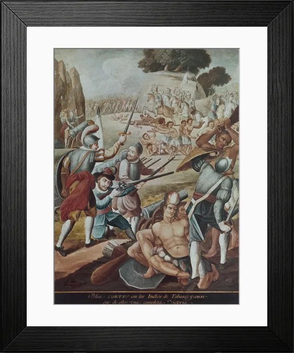 Framed Print : Conquest of Mexico: Hernando Cortes fight with the Indians of Tabasco in 1519. Painting on copper foil. 1783-1800. Mexican School. Oil. SPAIN. Madrid. America's Museum Framed Print : Conquest of Mexico: Hernando Cortes fight with the Indians of Tabasco in 1519. Painting on copper foil. 1783-1800. Mexican School. Oil. SPAIN. Madrid. America's Museum
