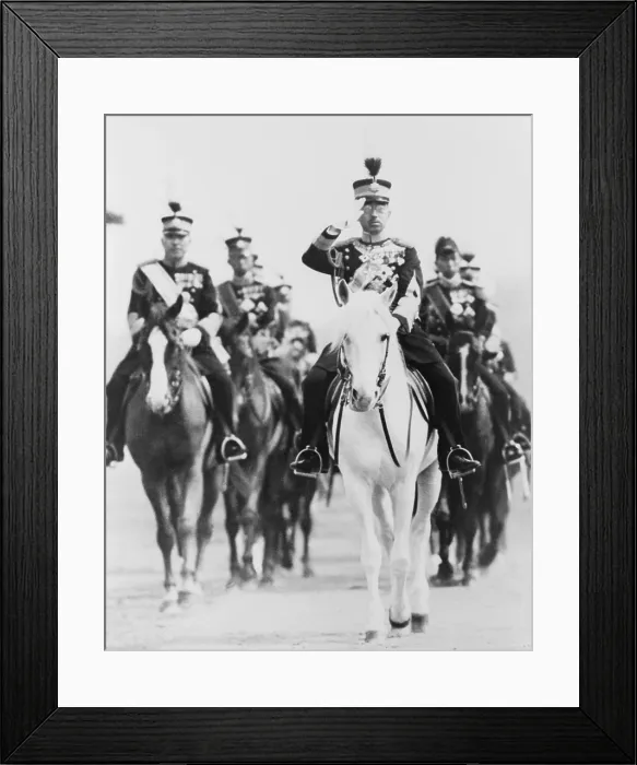 Framed Print : Japan's Emperor Hirohito, saluting on horseback, in military uniform, with group of Japanese officers. Ca. 1940
