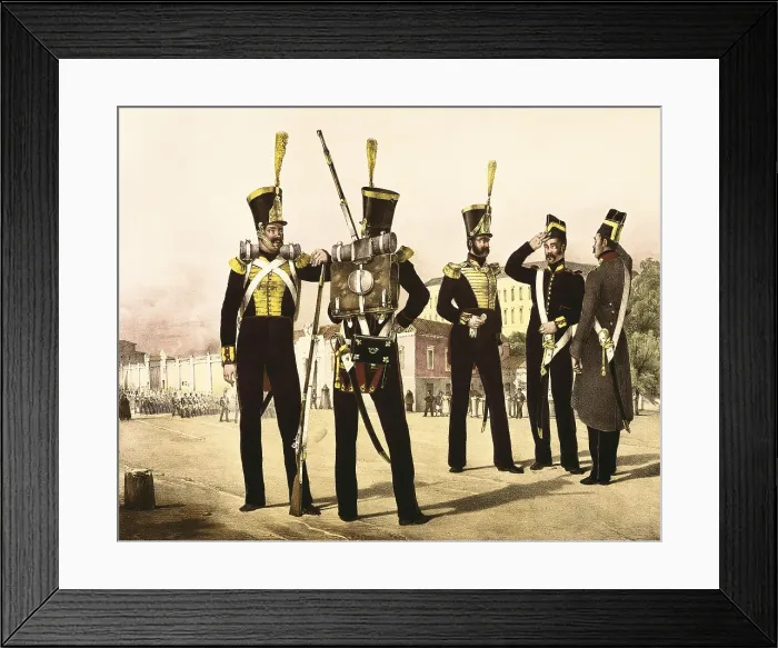 Framed Print : Spain (19th c.). Provincial Hunters of the Royal Guard. Picture of 'Coleccin de uniformes del Ejercito Espaol', by Marquis of Zambrano. Litography. SPAIN. Madrid