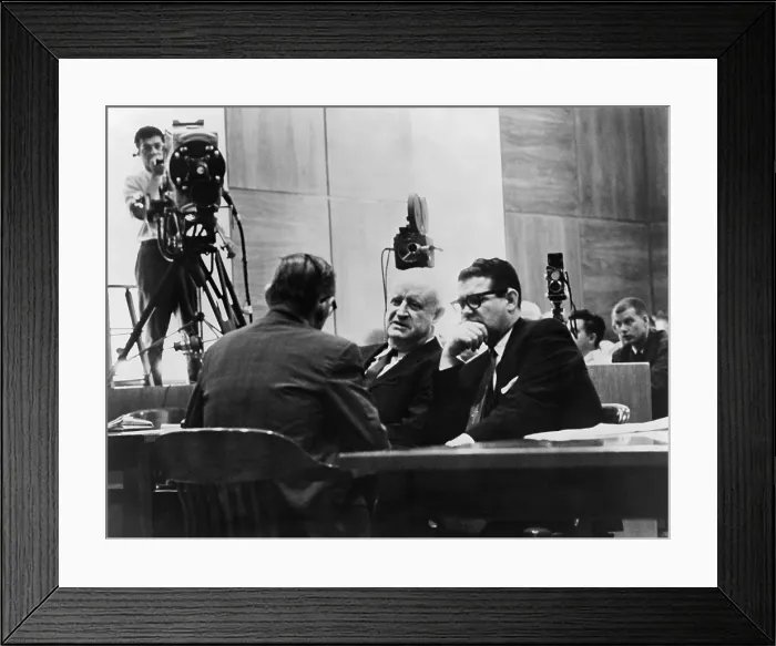 Framed Print : Television cameras filming Billie Sol Estes right conferring with his attorneys during his fraud trial for receiving millions of agricultural subsidies
