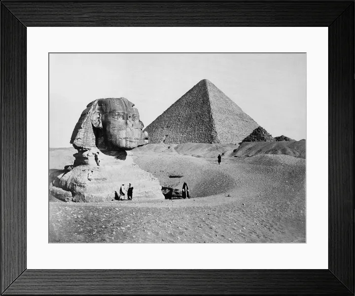 Framed Print : The Great Sphinx with the Pyramid of Pharaoh Cheops in the background. 1877 photo by French photographer Henri Bechard