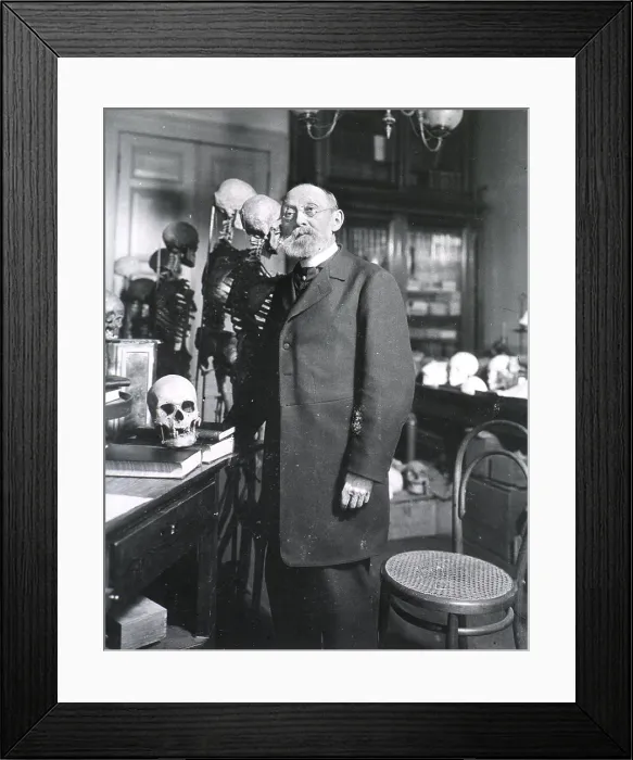 Framed Print : Rudolph Virchow 1821-1902 German pathologist physician and anthropologist standing with human skeletons. Ca. 1890