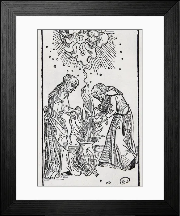 Framed Print : De Lamiis et Pythonicis Mulieribus (Of Witches and Diviner Women, 1508). Work by Ulrich Molitor printed in Augsburg (Germany). Xylography