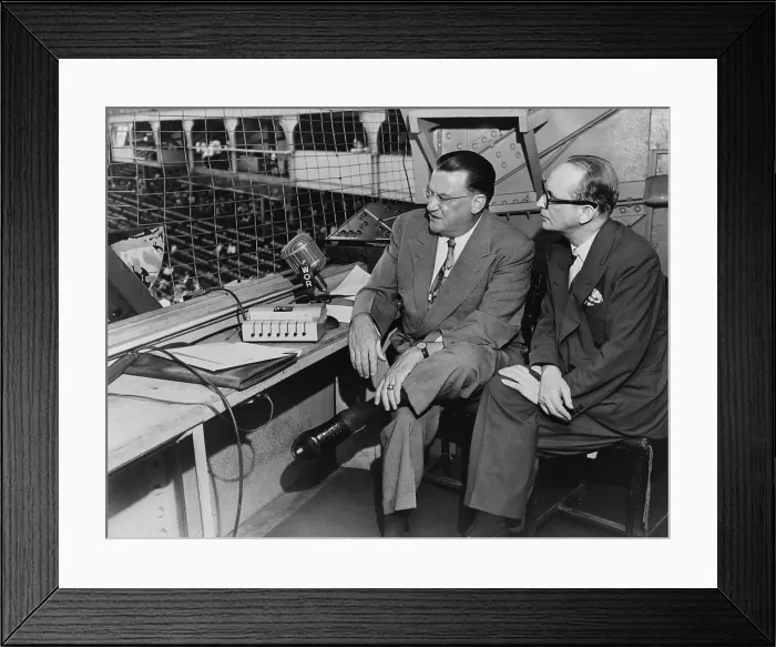 Framed Print : Walter O'Malley 1903-1979 owner of the Brooklyn Dodgers in the press box at Ebbets Field discussing subscription TV and baseball with Arthur Levy. Ca. 1958 Framed Print : Walter O'Malley 1903-1979 owner of the Brooklyn Dodgers in the press box at Ebbets Field discussing subscription TV and baseball with Arthur Levy. Ca. 1958