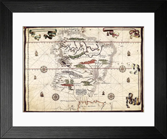 Framed Print : MARTINES, Joan (1556-1591). Catalan or Majorcan cartographer. Royal cartographer of Philip II of Spain. Portolan chart, 1587. Map of South America. Made in Messina