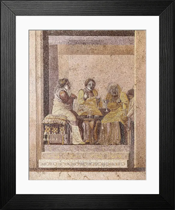 Framed Print : Theater scene with two women consult a witch. The three characters wear masks. Mosaic of Dioscorides of Samos, 1st B.C. Proceeds from Villa del Cicerone. Roman art. Mosaic. ITALY