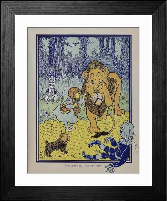 Framed Print : Wonderful Wizard of Oz main characters, created by Frank Lyman Baum in 1900. Dorothy speaks to the Cowardly Lion