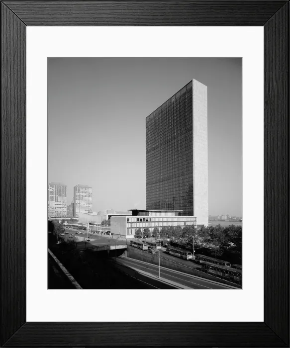 Framed Print : New York City, United Nations Headquarters, United Nations Plaza. GENERAL VIEW OF SECRETARIAT BUILDING AND DAG HAMMARSKJOLD LIBRARY. September, 1966