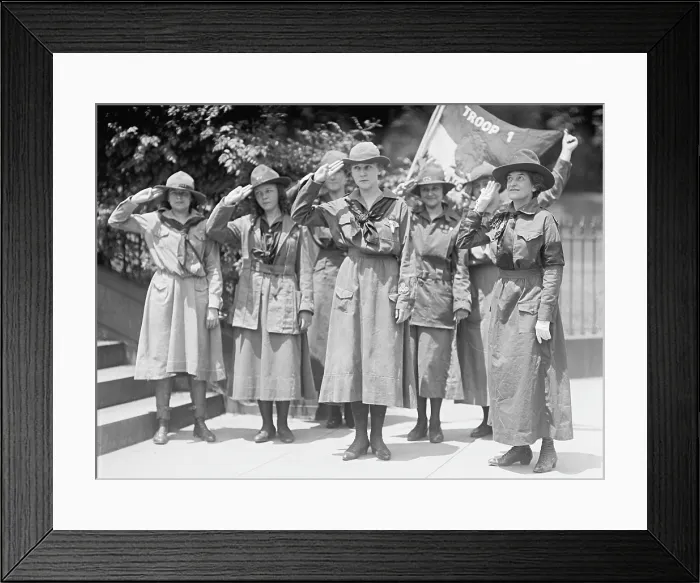 Framed Print : Juliette Gordon Low, founder of the Girl Scouts of the USA, in Girl Scout uniform with Troop #1. 1917 Framed Print : Juliette Gordon Low, founder of the Girl Scouts of the USA, in Girl Scout uniform with Troop #1. 1917