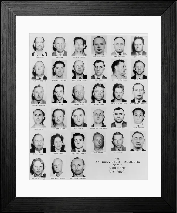 Framed Print : FBI Mug shots of thirty-three convicted spies of a pre-World War II German espionage network organized anti-British adventurer Frederick Duquesne