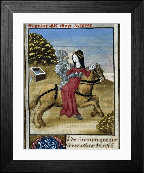 Framed Print : Sir Galahad takes the Queen out of Cornwall. Illustration from 'Romance of Tristan and Iseult' by Everard de Espinques. Gothic art. Miniature Painting. FRANCE