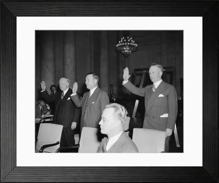 Framed Print : Steel executives sworn in before Monopoly Committee, Nov. 6, 1939. L-R: H.L. Hughes and Benjamin F. Fairless, U.S Framed Print : Steel executives sworn in before Monopoly Committee, Nov. 6, 1939. L-R: H.L. Hughes and Benjamin F. Fairless, U.S