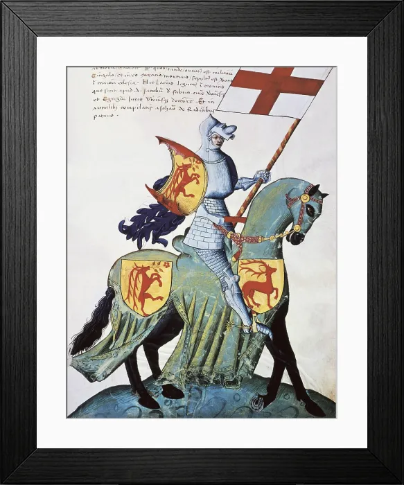 Framed Print : CAPODILISTA, Giovanni Francesco (15th c. - 15th c.). Capodilista Codex. 1434. Knight holding a standard and the Arms of Verona. Renaissance art. Quattrocento. Miniature Painting