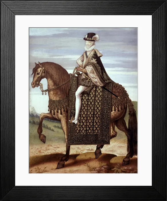 Framed Print : Equestrian Henry IV. 16th c. Parchment on wood. Renaissance art. Gouache. FRANCE. Chantilly. Musee Conde (Conde Museum)