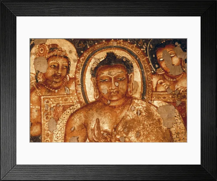 Framed Print : INDIA. Ajanta. Ajanta Caves. Detail of face of Buddha in one of the 'Jataka' reincarnations and episodes of his life. Mural painting, 6th-7th c. Hindu art. Gupta period