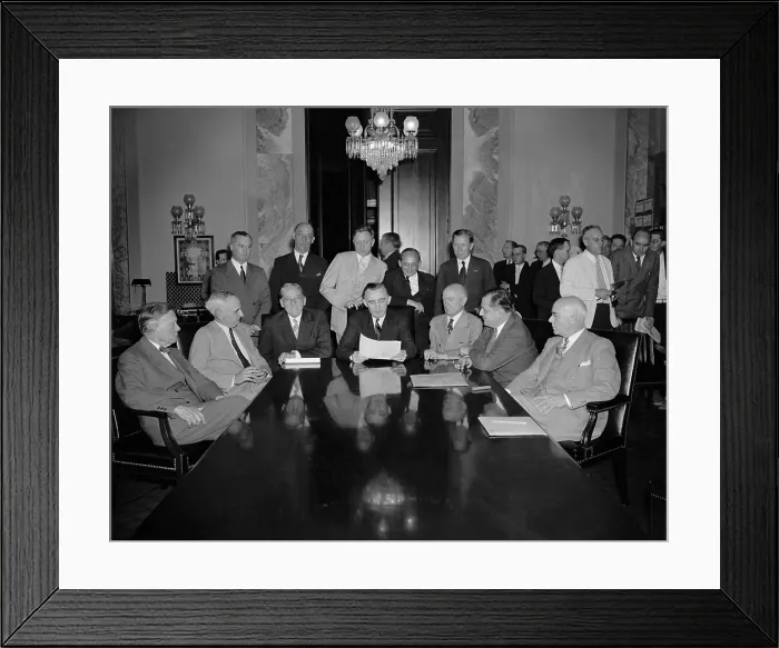 Framed Print : Monopoly Committee opens, July 1, 1938. They were to investigate effect of concentrated wealth and power on business. Sitting, L-R: Sen. William Borah; Herman Oliphant; Sen