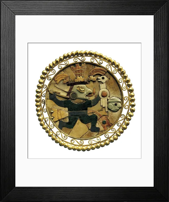 Framed Print : Earmuff with Moche warrior. Gold, shells, turquoises and lapis lazuli. 330-500 B.C. Moche or Mochica Art. Jewelry. PERU. Lima. Peruvian Gold Museum Framed Print : Earmuff with Moche warrior. Gold, shells, turquoises and lapis lazuli. 330-500 B.C. Moche or Mochica Art. Jewelry. PERU. Lima. Peruvian Gold Museum