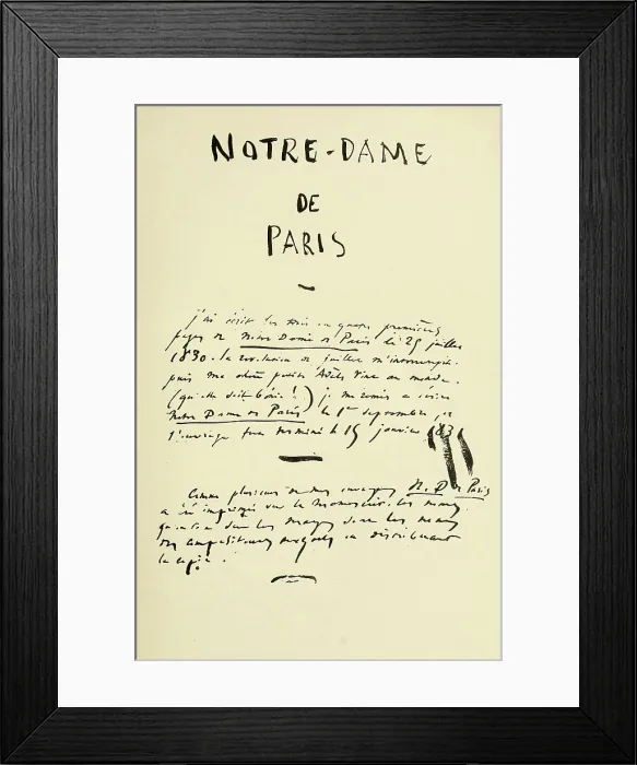 Framed Print : Notre-Dame de Paris, (aka The Hunchback of Notre-Dame) by Victor Hugo. Title of the original manuscript. 1829
