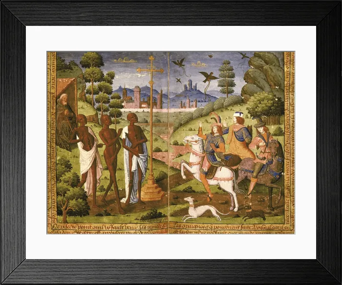 Framed Print : Book of Hours for Charles V. 16th c. Cod. Vitr. 24-3. Folio 223 and 224. Legend of the three living and the three dead. Gothic art. Miniature Painting. SPAIN. Madrid
