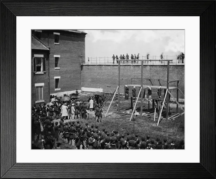 Framed Print : Execution of four Lincoln assassination conspirators on July 7, 1865. Hanging hooded bodies of the four conspirators: Mary E. Surratt, Lewis Payne, David E Framed Print : Execution of four Lincoln assassination conspirators on July 7, 1865. Hanging hooded bodies of the four conspirators: Mary E. Surratt, Lewis Payne, David E