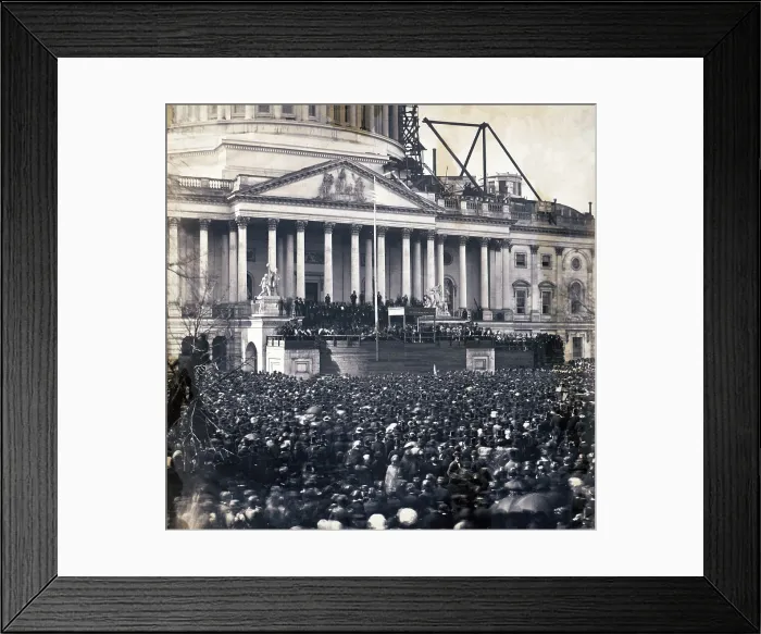 Framed Print : Abraham Lincoln's first inauguration on March 4, 1861 with crowds surrounding U.S. Capitol, which is under construction Framed Print : Abraham Lincoln's first inauguration on March 4, 1861 with crowds surrounding U.S. Capitol, which is under construction