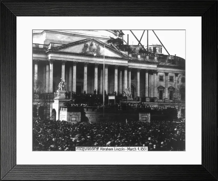 Framed Print : Abraham Lincoln's first inauguration on March 4, 1861 with crowds on U.S. Capitol, which is under construction