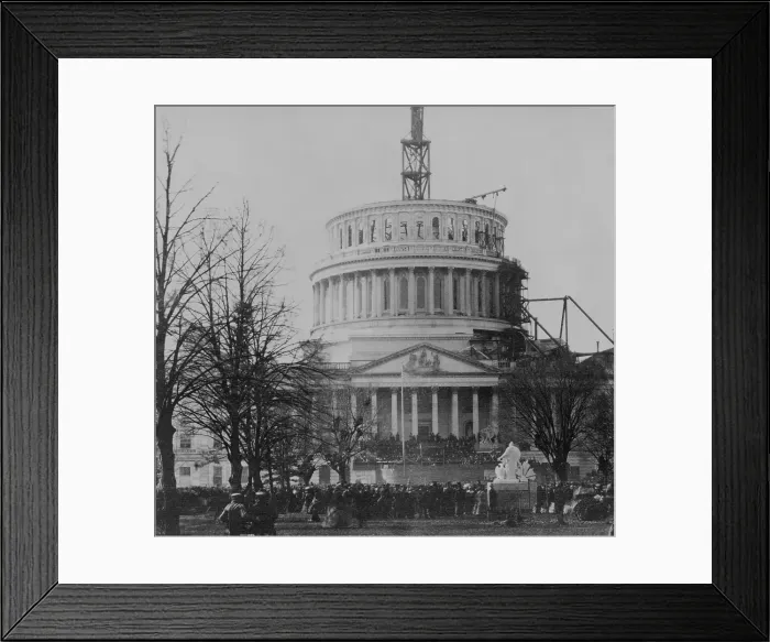 Framed Print : Abraham Lincoln's first inauguration on March 4, 1861 with crowds surrounding U.S. Capitol, which is under construction Framed Print : Abraham Lincoln's first inauguration on March 4, 1861 with crowds surrounding U.S. Capitol, which is under construction