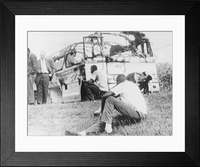 Framed Print : Freedom Rider's bus was destroyed by a mob of whites opposing their efforts to integrate public transportation facilities in Alabama. 1961 Framed Print : Freedom Rider's bus was destroyed by a mob of whites opposing their efforts to integrate public transportation facilities in Alabama. 1961