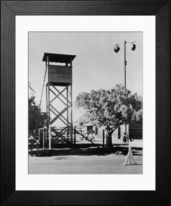 Framed Print : Guard tower and lights at Fresno, California, Assembly Center
