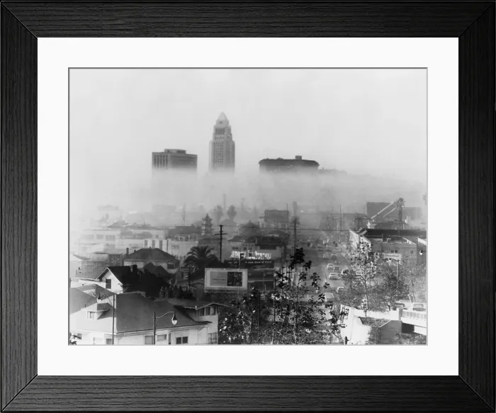 Framed Print : Smog obscures view of downtown high-rises, Los Angeles, California on November 20, 1966