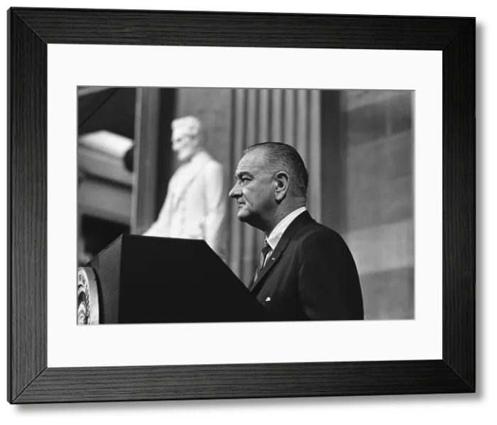 Framed Print : President Lyndon Johnson speaking in the capitol Rotunda before signing the Voting Rights Act. August 6, 1965