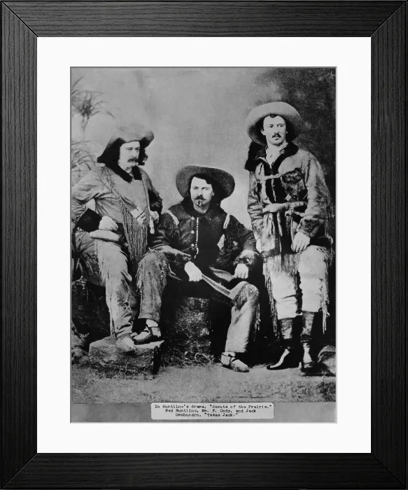 Framed Print : William Frederick Cody, aka Buffalo Bill (1846-1917), with author of Western tales, Ned Buntline (left) and Texas Jack Omohundro (right) Framed Print : William Frederick Cody, aka Buffalo Bill (1846-1917), with author of Western tales, Ned Buntline (left) and Texas Jack Omohundro (right)