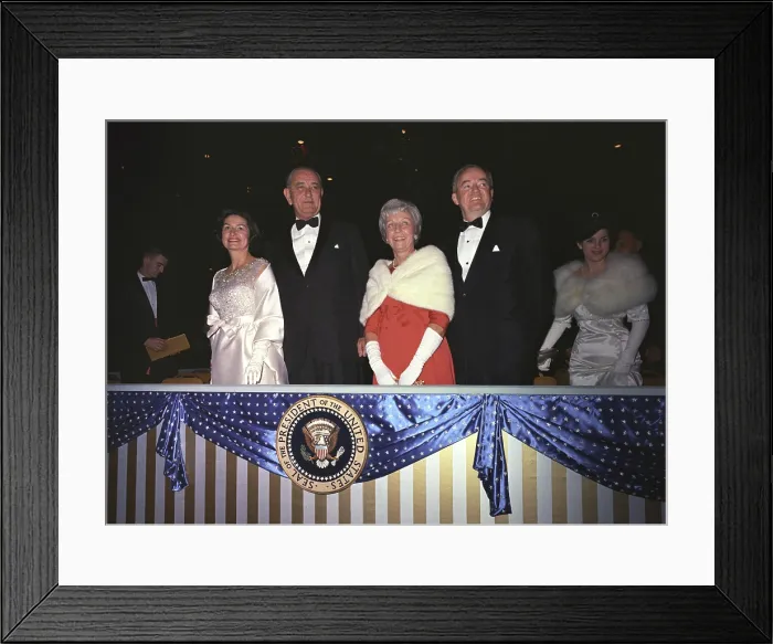 Framed Print : Inauguration of Lyndon Johnson. Lady Bird Johnson, President Lyndon Johnson, Muriel Humphrey, Vice President Hubert Humphrey at the Inaugural Gala. Jan 18, 1965 Framed Print : Inauguration of Lyndon Johnson. Lady Bird Johnson, President Lyndon Johnson, Muriel Humphrey, Vice President Hubert Humphrey at the Inaugural Gala. Jan 18, 1965