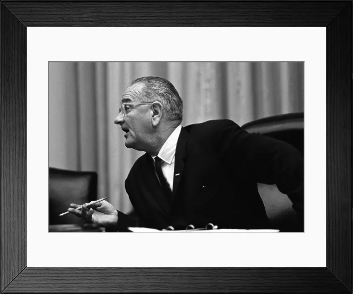 Framed Print : President Lyndon Johnson speaking in a Cabinet Meeting on Vietnam. July 27, 1965