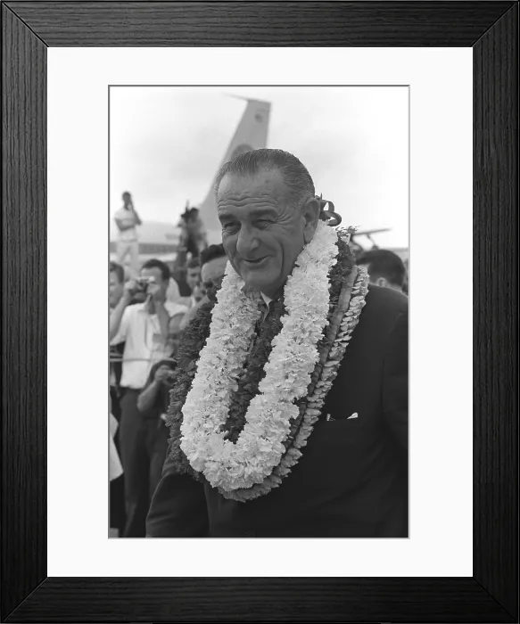 Framed Print : President Lyndon Johnson in Hawaii. He is wearing a lei, given to him on his arrival for major summit with South Vietnamese leaders. Feb. 3, 1966 Framed Print : President Lyndon Johnson in Hawaii. He is wearing a lei, given to him on his arrival for major summit with South Vietnamese leaders. Feb. 3, 1966