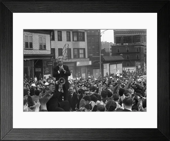 Framed Print : 1964 LBJ Presidential campaign. Lyndon Johnson addressing a crowd in Burlington, Vermont, Sept. 28, 1964 Framed Print : 1964 LBJ Presidential campaign. Lyndon Johnson addressing a crowd in Burlington, Vermont, Sept. 28, 1964